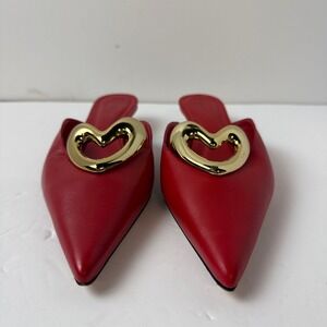 Maeve x Anthropologie Red Leather Pointed Toe Mules Heart Heels Sz 38 US 7.5